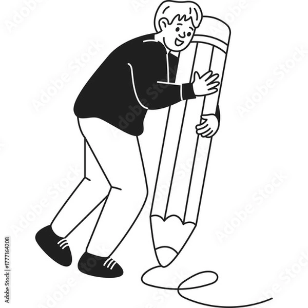 Obraz Joyful Person Embraces Giant Pencil Creating Art Against Transparent Background In A Whimsical Style