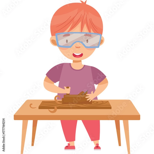 Obraz Joyful red haired boy wearing safety goggles enthusiastically sculpting clay on a wooden table, educational activity, indoors, simple art illustration