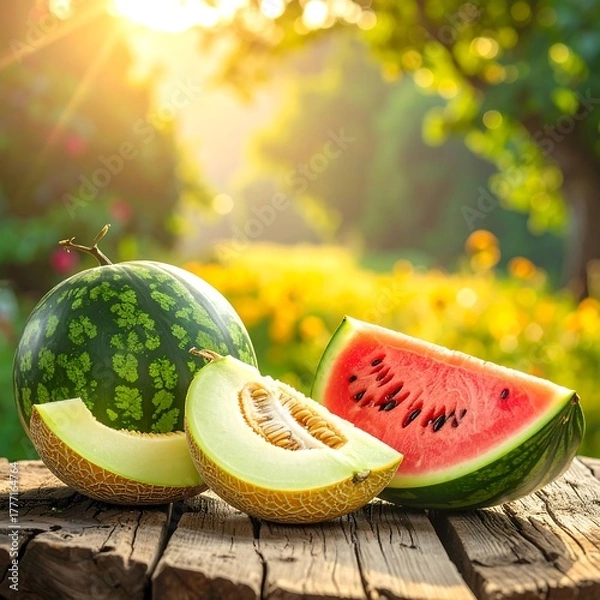 Obraz Sliced watermelon and cantaloupe on rustic wood, sunlit garden backdrop
