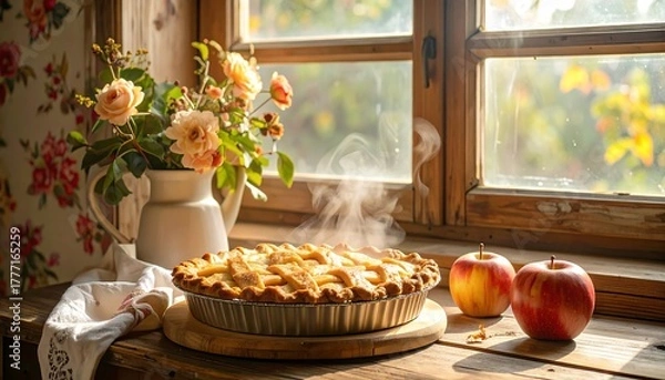 Fototapeta Warm apple pie on rustic window sill, steam rising, roses in vase nearby