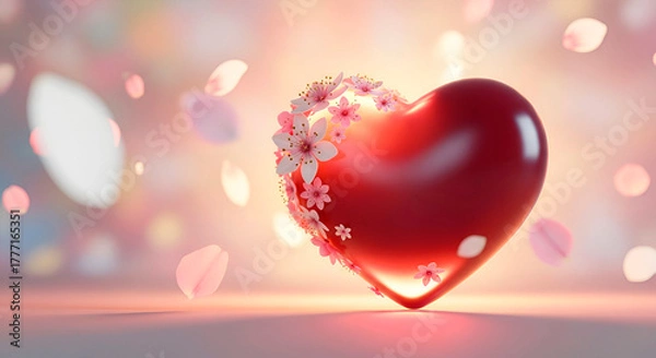 Fototapeta A red heart adorned with flowers floats among petals against a backdrop of soft festive light. Romantic design, greeting card for Valentine's Day, birthday.
