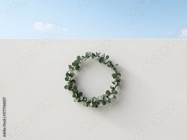 Fototapeta Small eucalyptus wreath on sunlit wall with soft blue sky