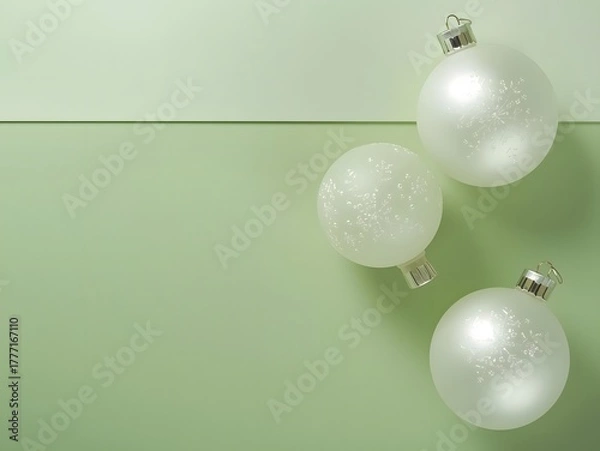 Fototapeta Silver ornaments on sage green panels, modern holiday backdrop