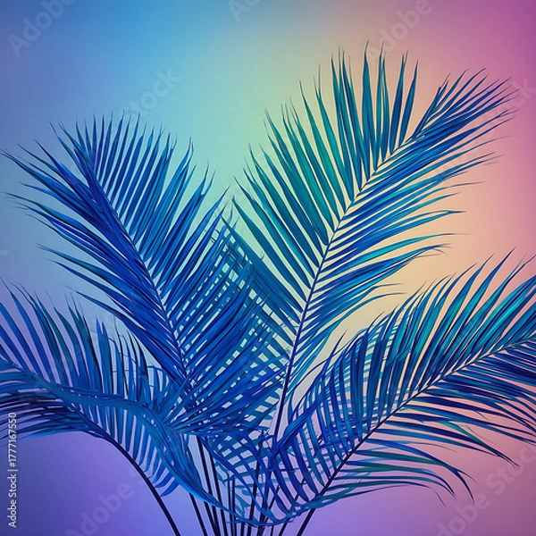 Fototapeta Tropical and palm leaves are depicted in a vibrant, bold gradient of holographic neon colors, forming a concept art image that embodies minimal surrealism as the background.