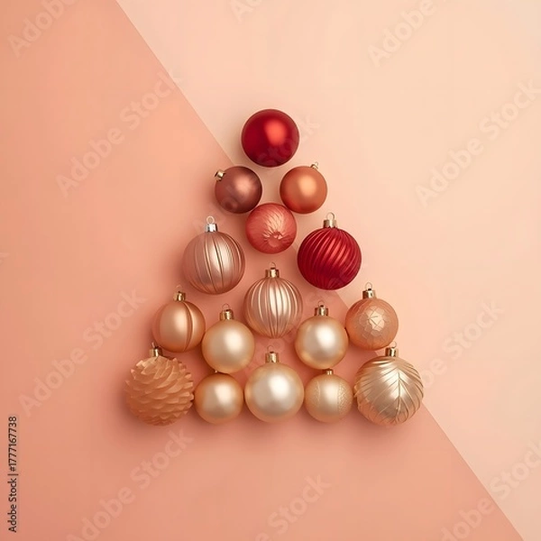 Fototapeta Metallic ornament pyramid on coral backdrop, modern Christmas tree