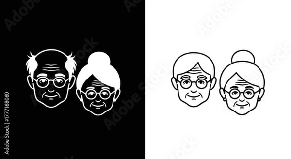 Fototapeta Stylized line art icons of elderly couple faces on black and white backgrounds