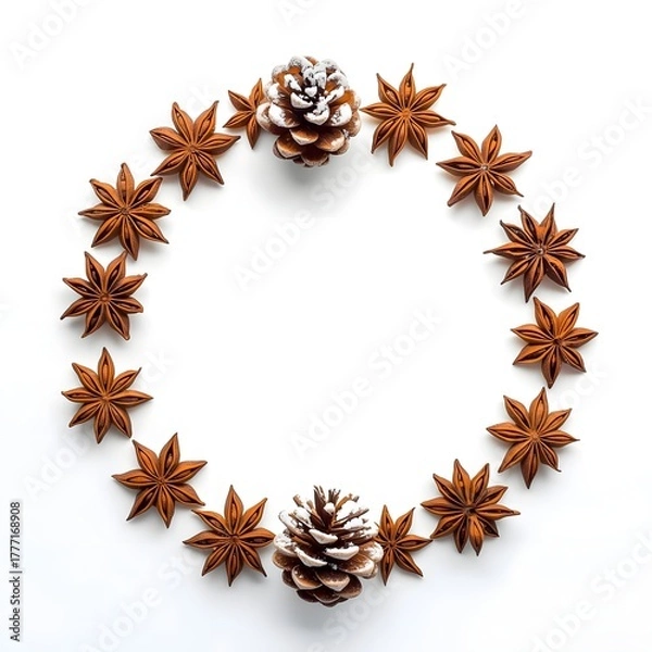 Fototapeta Star anise wreath ring with pinecone accent on white