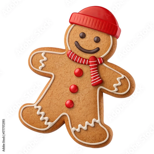 Obraz Happy Gingerbread Man Cookie Wearing a Red Beanie Hat and Striped Scarf