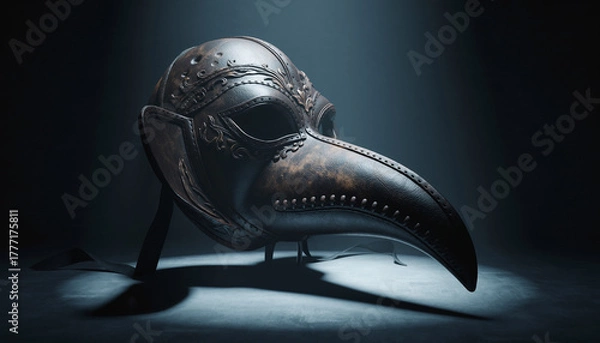 Fototapeta Close-up of an ornate plague doctor's mask on a dark background with dramatic lighting.