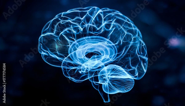 Obraz Glowing blue brain illustration on a dark background with neon lines