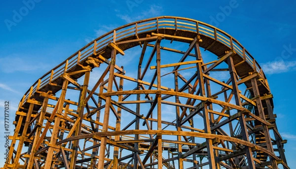Obraz Low-angle view of a vibrant orange wooden roller coaster track against a clear blue sky with wispy clouds.