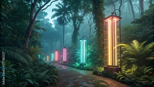 Obraz illustration of neon lamps in lush jungle
