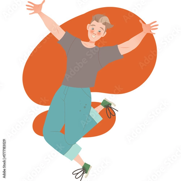 Fototapeta Joyful Young Man With Arms Raised High In A Gray T Shirt And Blue Jeans Celebrating A Success In A Dynamic Pose Against An Orange Blob Background
