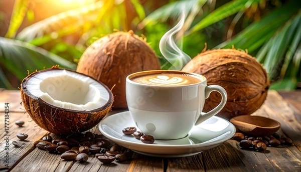 Fototapeta Steaming coffee with latte art sits on a rustic wooden surface among coconuts and coffee beans, bathed in sunlight