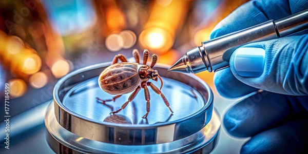Fototapeta A gloved hand holds a pen above a detailed spider specimen placed on a reflective surface. The background features blurred warm lights, emphasizing the focus on the spider