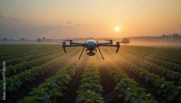 Fototapeta A drone hovers above lush green fields at sunset, surveying the crops as golden light bathes the landscape and mist hovers between the rows