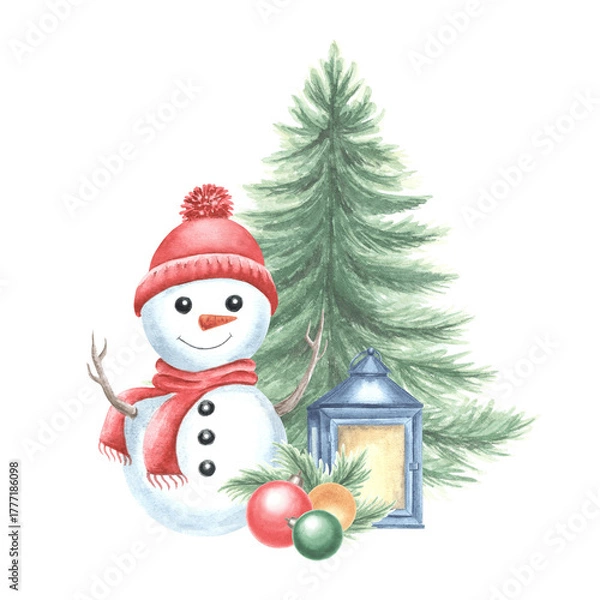 Fototapeta Snowman with lantern and Christmas tree watercolor illustration. Cute kids cheerful character for winter holiday design. Hand drawn isolated clipart for New Year children print, wrapping, postcard.