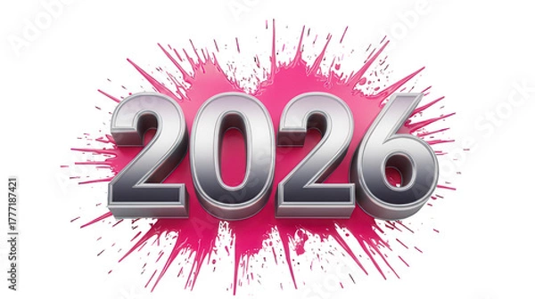 Fototapeta Metallic 2026 year design with vibrant pink splash background for new year celebrations and futuristic themed designs perfect for digital graphics on transparent background