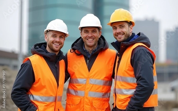 Fototapeta Men builders in reflective vests and helmets pose for photo smiling during work break. Cheerful workers friends in warm uniforms stand on construction site. High quality