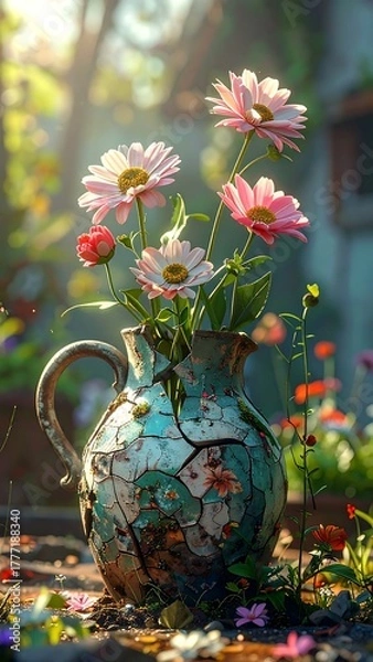 Obraz Sunlit daisies in a cracked, aged ceramic pitcher