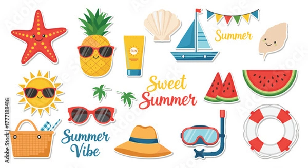 Fototapeta A vibrant collection of summer-themed cartoon stickers including beach items, fruits, and text, perfect for seasonal designs.