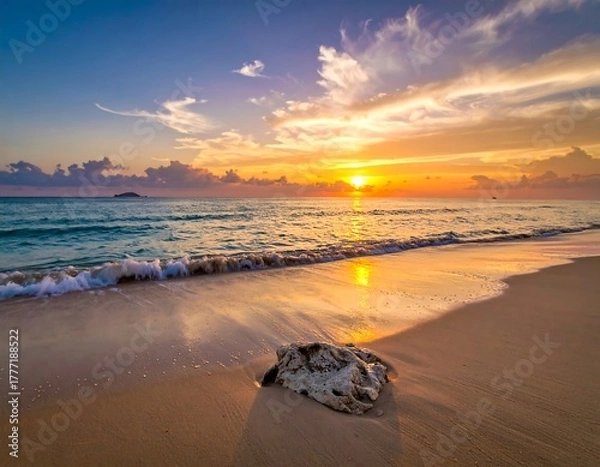 Fototapeta Serene sunset over tranquil ocean beach, waves gently lapping shore, single rock in foreground