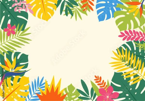 Fototapeta Tropical foliage frame with monstera leaves, ferns, and colorful flowers surrounding a blank, light beige central space.