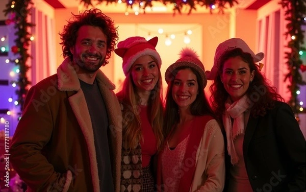 Fototapeta A festive holiday photo booth at a party, with people taking fun pictures with props and decorations. High quality