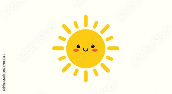Fototapeta A cheerful and friendly cartoon sun illustration with a smiling face and rosy cheeks, radiating bright yellow rays.