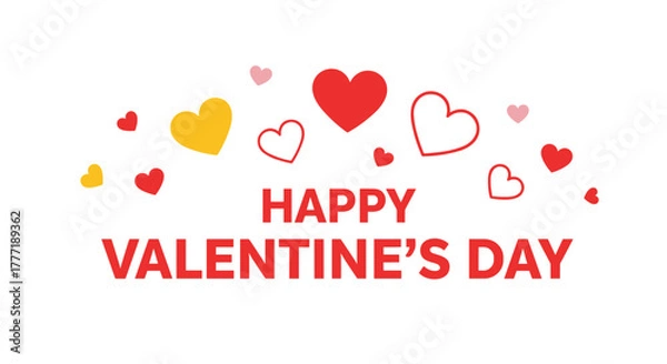 Obraz A festive graphic featuring the words 'Happy Valentine's Day' in bold red text, adorned with colorful hearts on a clean white background.