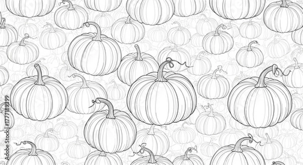 Fototapeta Seamless black and white line art pattern featuring a delightful arrangement of various pumpkins, perfect for autumn harvest and holiday designs.