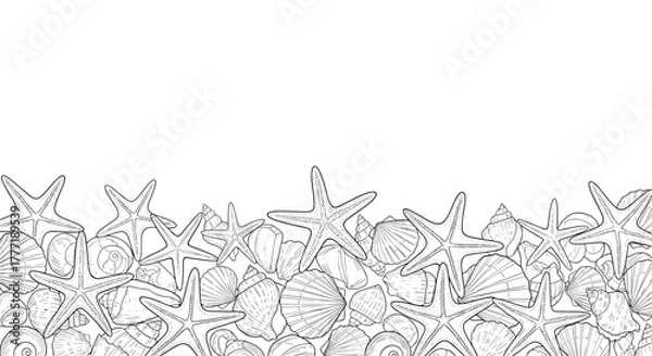 Fototapeta Outline of various seashells and starfish forming a decorative border at the bottom, with ample copy space above on a white background.