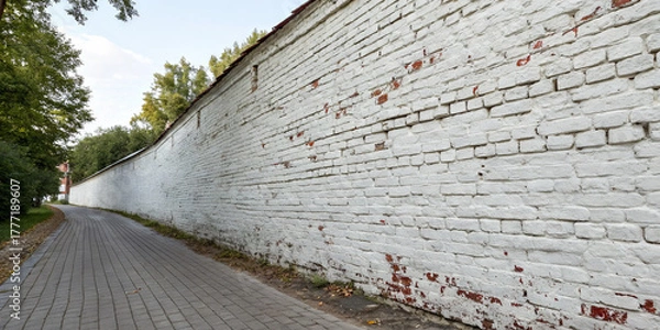 Fototapeta A long, white brick wall stretches alongside a paved path in a park. Lush trees frame the scene, providing a calm, natural atmosphere under the blue sky