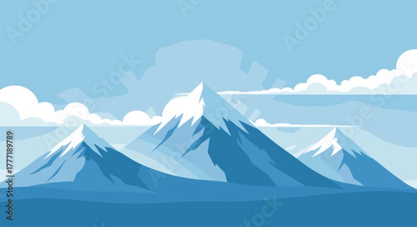 Fototapeta Minimalist vector illustration of majestic snowy mountains under a bright sky with soft clouds, presented in a cool blue color palette.