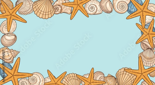 Fototapeta A decorative border of hand-drawn seashells and starfish frames a serene light blue background, perfect for summer designs and ocean-themed invitations.