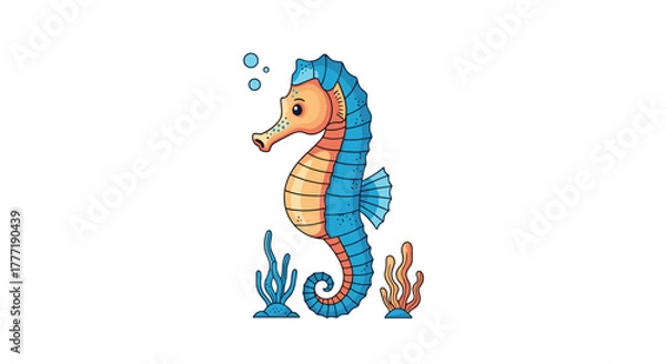 Fototapeta A vibrant cartoon illustration of a cute seahorse in orange and blue, with bubbles and simple underwater plants, against a white background.