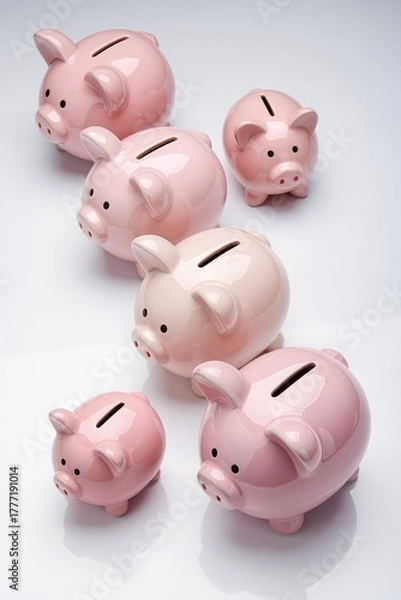 Obraz Piggy banks in the shape of pigs, standing in a row on a white background, stock photo isolate