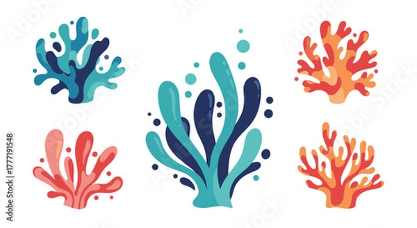 Fototapeta A collection of colorful stylized coral and abstract aquatic plants, featuring vibrant hues and playful shapes for marine-themed designs.