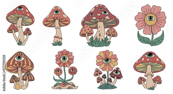 Fototapeta Psychedelic mushrooms and flowers featuring mystical eye motifs, rendered in a groovy vintage-inspired illustration style.
