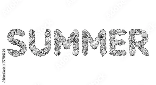 Fototapeta Black and white line art illustration of the word 'SUMMER' formed by various intricate seashells, evoking a coastal and warm weather theme.