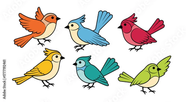 Fototapeta A vibrant collection of six cute cartoon birds in various bright colors with distinct features, illustrated against a clean white background.
