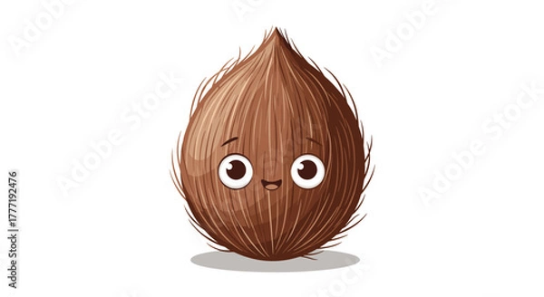 Fototapeta A cute and friendly cartoon coconut character with a happy face, big eyes, and textured husk, sitting on a white background.