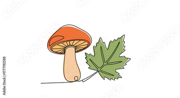 Fototapeta A simple continuous line art illustration of an autumn mushroom with an orange cap and a green maple leaf on a white background, representing the fall season.