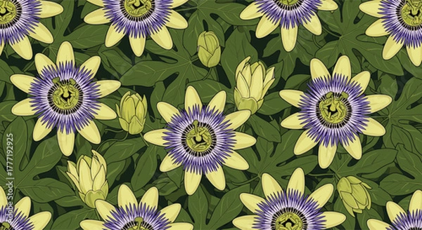 Obraz Beautiful passion flowers with yellow petals and purple coronas are arranged in a seamless botanical pattern with lush green leaves.