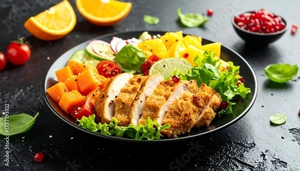 Fototapeta Sliced grilled chicken breast atop a vibrant salad with assorted vegetables and fruits