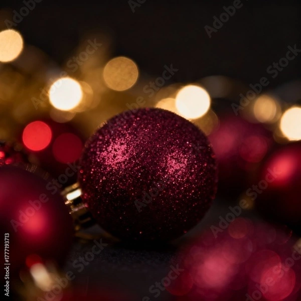 Fototapeta Red christmas ornaments and blurred lights create a festive atmosphere on a dark backdrop, perfect for holiday designs and backgrounds.