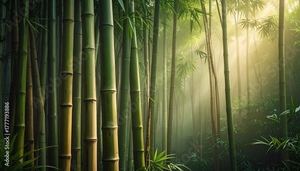 Obraz Sunlit bamboo forest, misty atmosphere, dense green stalks