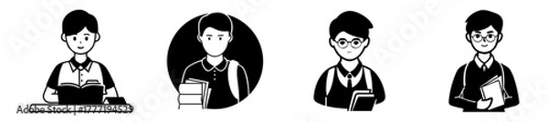 Obraz Set of four black and white icons representing students with books, isolated on a