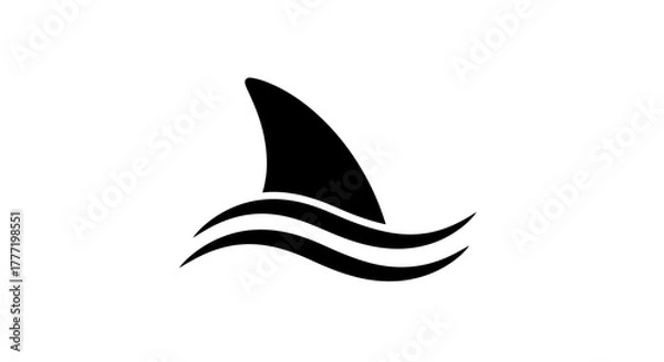 Fototapeta A stylized black silhouette of a shark fin emerging from wavy water lines.