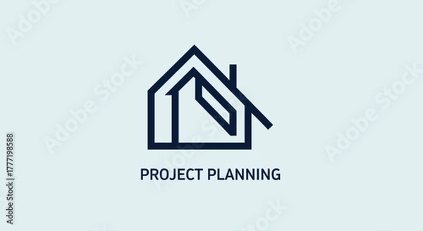 Fototapeta A minimalist line art logo featuring a house outline with an integrated abstract 'P' shape, accompanied by the text "PROJECT PLANNING".